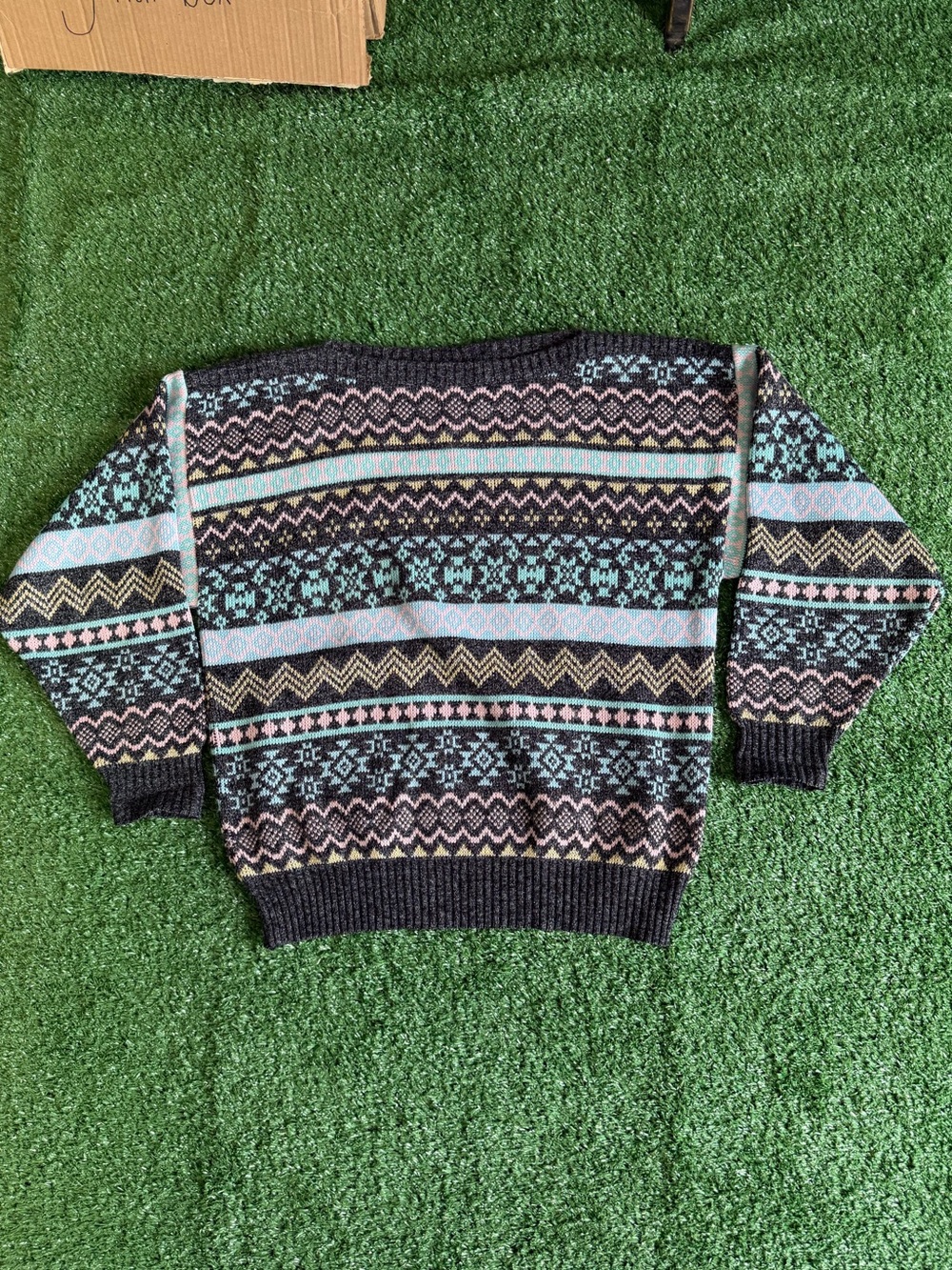 Cozy Patterned Knit Sweater in Black, Light Blue & Pink